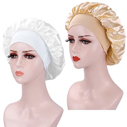 Picture of 2Pcs Silk Hair Bonnet for Sleeping, Soft Elastic Band Satin Hair Bonnets for Black Women, Colorful Satin Bonnet for Curly Hair, Breathable Bonnet for Locs Silk Sleep Cap（White+Champagne）