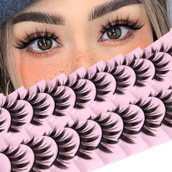 Picture of False Eyelashes 10 Pairs Manga Lashes Japanese Style Anime Lashes Thick Cosplay Lashes Natural Look 16 MM Spiky 8D Wispy Faux Mink Lashes Full Strip Doll Lashes by FANXITON