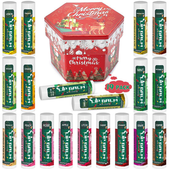 Picture of Yopela 19 Pack Christmas Natural Lip Balm Bulk with Vitamin E and Coconut Oil Lip Care Set - Moisturizing, Soothing, and Repairing Dry and Chapped Lips - 19 Flavors - Non-GMO