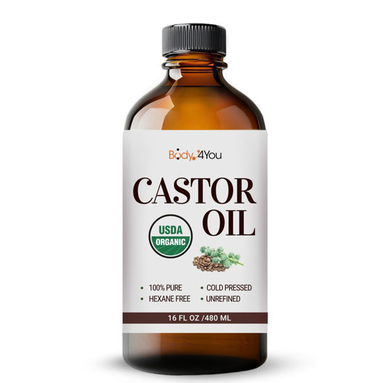 Picture of Castor Oil Organic Cold Pressed Unrefined Glass Bottle USDA Certified 100% Pure Organic Castor Oil Hexane Free Rich Hydration for Hair & Skin Use with Castor Oil Pack Wrap