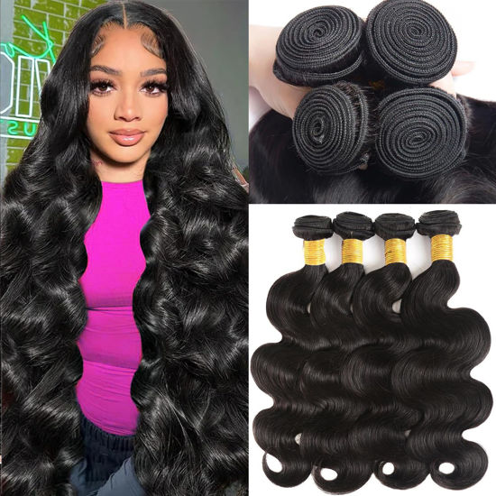 Picture of Katspon 12A Human Hair Bundles 20 22 24 26 Inch Body Wave Bundles Human Hair 100% Unprocessed Brazilian Virgin Hair 4 Bundles Deals Human Hair Extensions Quick Weave Bundles Human Hair Natural Black
