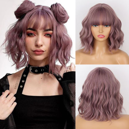 Picture of MISSQUEEN Short Wavy Wigs for Women,Synthetic Cute Purple Wavy Wigs with Bangs,14inch Natural Curly Synthetic Women Bob Wig(Purple)
