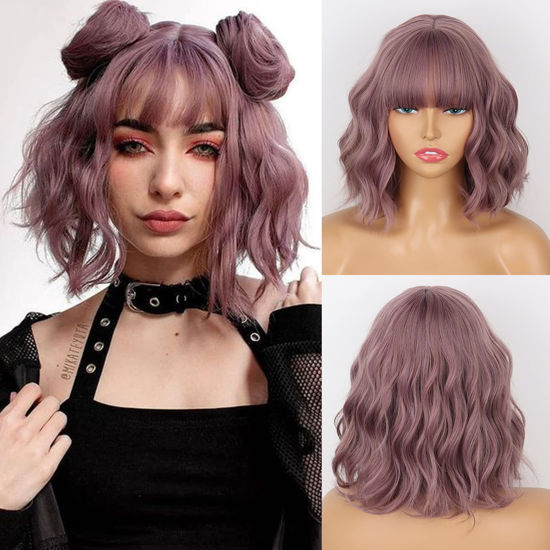 Picture of MISSQUEEN Short Wavy Wigs for Women,Synthetic Cute Purple Wavy Wigs with Bangs,14inch Natural Curly Synthetic Women Bob Wig(Purple)