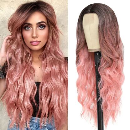Picture of BUPPLER Cosplay Long Ombre Pink Wig 26 Inch Middle Part Synthetic Wig Realistic Gifts Party Wigs for Women Daily Use Colorful Wigs (Ombre Pink)