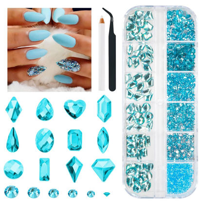 Picture of 1300Pcs Aquamarine Nail Rhinestones Water Blue Rhinestones for Nails 60 Multi Shapes Big Gems +1240 Flatback Round Beads K9 Glass Lakeblue Crystals Diamonds jewels Nail Charms Nail Art for Nails Faces