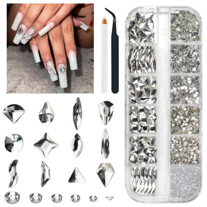 Picture of qiipii 2052Pcs Crystal Clear Nail Rhinestones 72 Multi Shapes Crystal White Rhinestones for nails Flatback Big Nail Gems +1980 K9 Glass Round Beads Stones Diamonds Nail Charms Art for Nails Faces Eyes