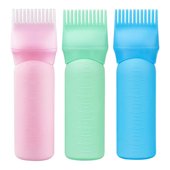 Picture of Cosywell 3 Pack Root Comb Applicator Bottle 6 Ounce Hair Oil Bottle Hair Dye Applicator Brush for Hair Root Comb Color with Graduated Scale(Pink Blue Green)