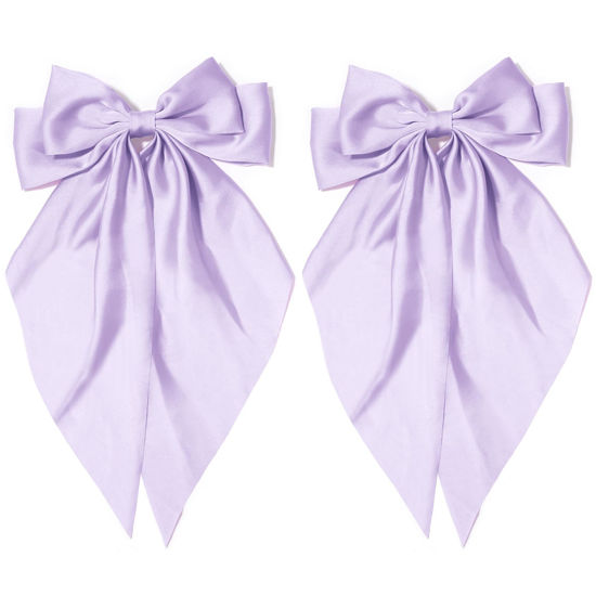 Picture of 2Pcs Silky Satin Hair Accessories: Long Tail Purple Ribbon Clips and Coquette Bows for Women