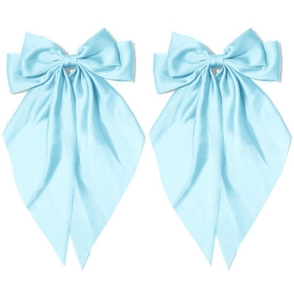 Picture of Large Hair Bows 2PCS Light Blue Long Tail Bow Hair Clip with Metal Spring Clamp Soft Satin Hair Ribbon for Women Girls