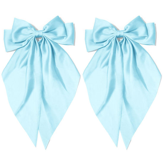 Picture of Large Hair Bows 2PCS Light Blue Long Tail Bow Hair Clip with Metal Spring Clamp Soft Satin Hair Ribbon for Women Girls
