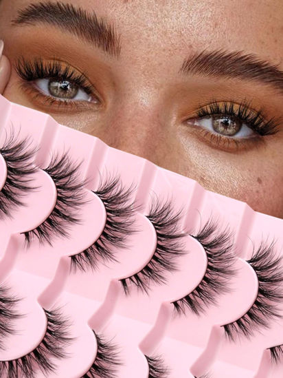 Picture of Lashes Natural Cat Eye Lashes Wispy Eyelashes 15mm False Eyelashes Wispy Lashes 3D Volume Strip Eyelashes Thin Cotton Band Soft Fake Eyelashes False Lashes Pack 7 Pairs Siligli