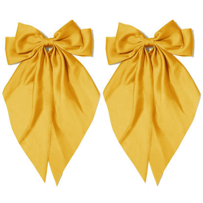 Picture of Silky Satin Oversized Hair Bows with Long Tails - 2Pcs Yellow Bowknot Barrettes, Metal Clips, Aesthetic Hair Accessories for Women