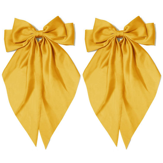 Picture of Silky Satin Oversized Hair Bows with Long Tails - 2Pcs Yellow Bowknot Barrettes, Metal Clips, Aesthetic Hair Accessories for Women