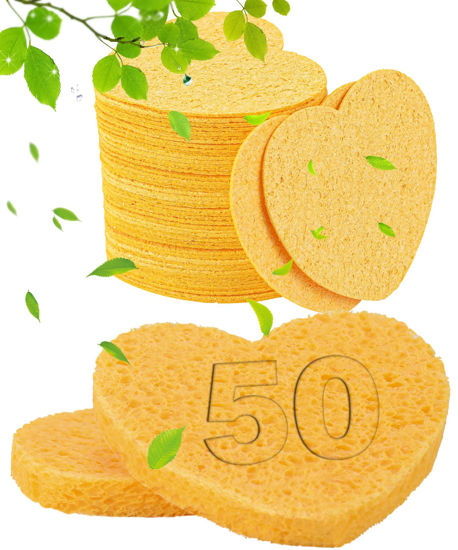 Picture of 50-Count Compressed Facial Sponges for Estheticians- 100% Natural Cellulose Face Sponge Spa Sponges for Face Cleansing, Massage, Pore Exfoliating, Mask, Makeup Removal (Love-Yellow)
