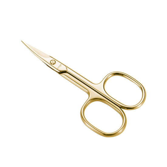 Picture of LIVINGO Professional Nail Cutter Scissors, Multi-purpose Sharp Curved Blade Stainless Steel Manicure Cuticle Pedicure Fingernail & Toenail Grooming Tool with Case, Eyebrows/Eyelash Use, 3.5" Gold