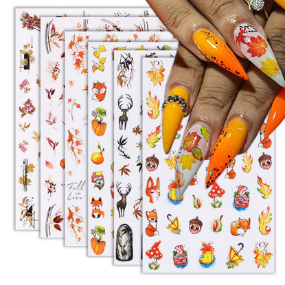 Picture of 6Sheets Fall Nail Art Stickers Gold Yellow Maple Leaf 3D Self-Adhesive Nail Decals Cute Squirrel Elk Designs Autumn Nail Decorations Thanksgiving Nail Supplies for Women Girls DIY Nail Accessories