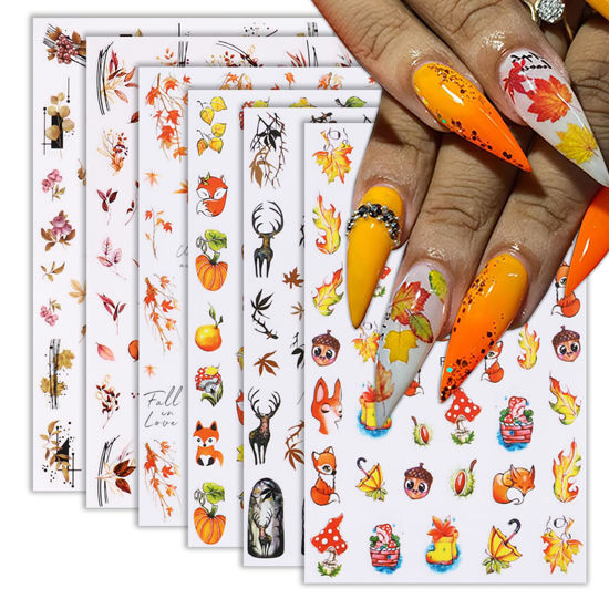 Picture of 6Sheets Fall Nail Art Stickers Gold Yellow Maple Leaf 3D Self-Adhesive Nail Decals Cute Squirrel Elk Designs Autumn Nail Decorations Thanksgiving Nail Supplies for Women Girls DIY Nail Accessories
