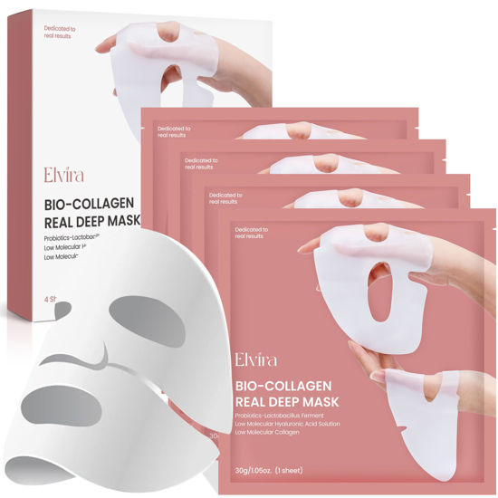 Picture of Elvira Bio-Collagen Face Mask - Deep Hydrating Overnight Face Mask, Korean Skincare, Facial Treatments & Masks for Women - Firming and Moisturizing, 4-Pack