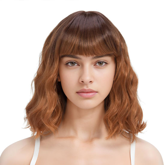 Picture of Rose bud Wavy Bob Wig Natural Wig Synthetic Hair Shoulder Length Short Curly Middle Part Lace Front Wigs for Women Ombre Orange