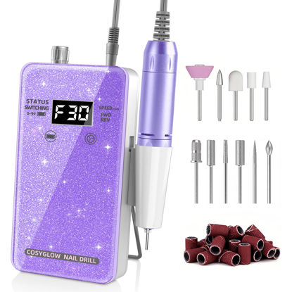 Picture of Professional Electric Nail Drill File: Glitter Portable Cordless E-File Nail Drill Kit with 11 Nail Drill Bits,30000 RPM Rechargeable Nail Drill Machine E File for Acrylic Nails Gel Polishing(Purple)