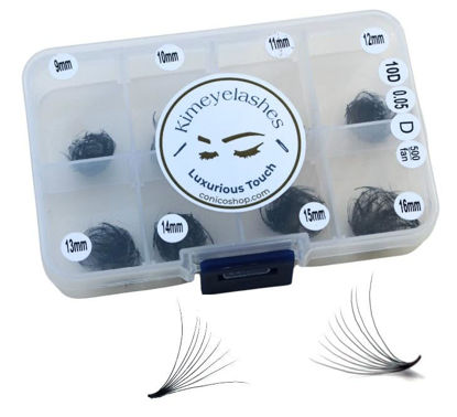 Picture of Kimeyelashes Premade Fans Eyelash Extension 500 Fans Handmade Loose Volume Lashes 5D/8D/10D/12D Pre-made Fans 0.05mm 0.07mm C/D Curl 9-16mm Hybrid Wispy Promade lashes (10D - 0.05, Curl C)
