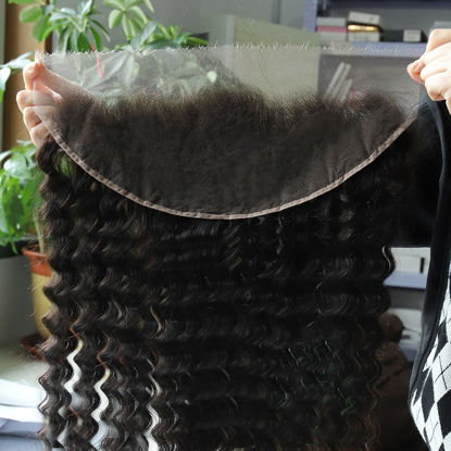Picture of BEEOS 13x4 Real HD Lace Frontal, Unprocessed Deep Wave Human Hair Ultra-thin Top Swiss Lace Pre Plucked Hairline with Baby Hair Natural Black Color 22 Inch