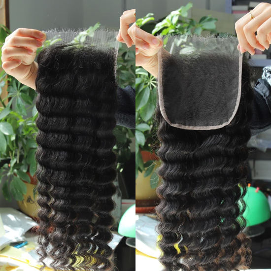 Picture of BEEOS 5x5 SKINLIKE Real HD Lace Closure Only, Deep Wave 0.10mm Ultra-thin Melted Swiss Lace Closure Piece Pre-plucked Natural Hairline Natural Black Color 18 Inch