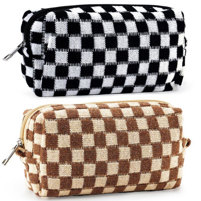 Picture of ZLFSRQ 2Pcs Checkered Makeup Bag for Women Medium Travel Cosmetic Bag Makeup Pouch for Purse Zipper Toiletry Bag Organizer Cute Y2K Aesthetic Trendy Adults Makeup Brushes Storage Case(Black/Brown)