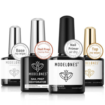Picture of modelones Nail Dehydrator and Primer with Gel Base & Top Coat Set, Acid Free Acrylic Nail Supplies Primer Glossy Gel Nail Polish Top Coat Starter Kit
