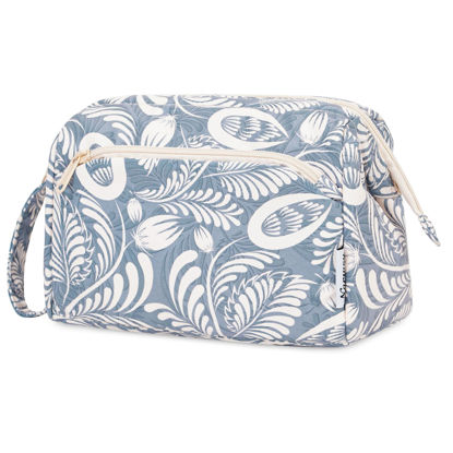 Picture of Narwey Large Women Makeup Bag Wide-open Make up Bag Travel Cosmetic Organizer Toiletry Bag for Cosmetics Toiletries Accessories (Blue Leaf)