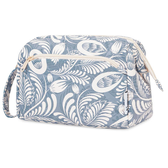 Picture of Narwey Large Women Makeup Bag Wide-open Make up Bag Travel Cosmetic Organizer Toiletry Bag for Cosmetics Toiletries Accessories (Blue Leaf)
