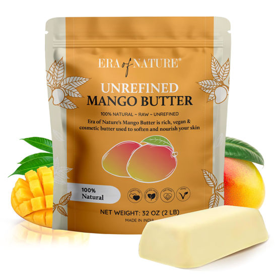 Picture of era of nature Organic Unrefined Raw MANGO BUTTER BLOCK Bulk, Skin Moisturizing, Use Alone or in DIY Body Butters, Soaps, Lotions and lip balm - 2lb (32oz)
