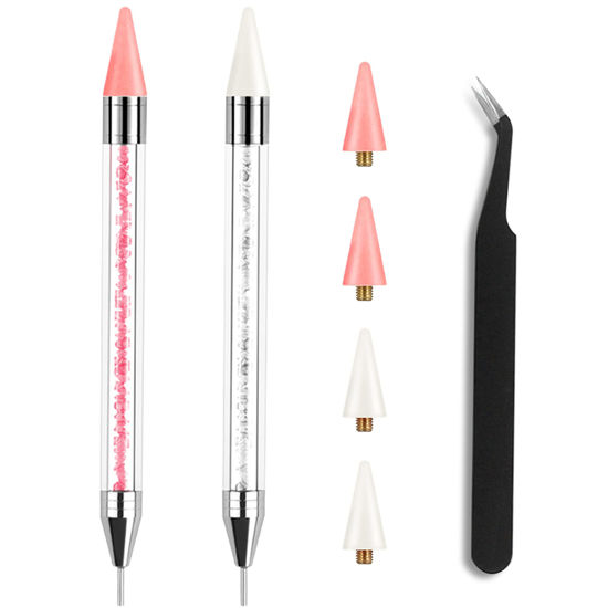 Picture of Kaychan Rhinestone Picker Tool 2 Acrylic Handle Rhinestones Applicator Dual-Ended DIY Nail Art Tool with 4 Extra Wax Tips and 1 Tweezer