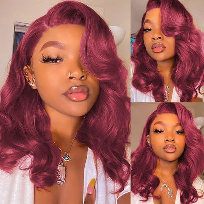 Picture of 99J Burgundy Bob Wig Human Hair 13x4 Frontal Lace Wig 14 Inch Body Wave HD Lace Front Wigs Human Hair Pre Plucked 180% Density Glueless Wine Red Bob Wigs for Women Human Hair (99J Burgundy, 14 Inch)