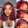 Picture of 99J Burgundy Bob Wig Human Hair 13x4 Frontal Lace Wig 14 Inch Body Wave HD Lace Front Wigs Human Hair Pre Plucked 180% Density Glueless Wine Red Bob Wigs for Women Human Hair (99J Burgundy, 14 Inch)
