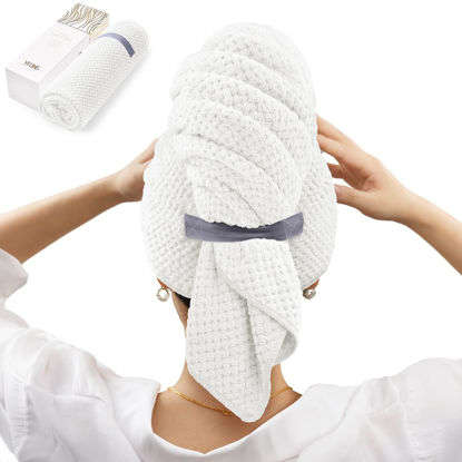 Picture of YFONG X-Large Microfiber Hair Towel Wrap for Women, Soft Hair Drying Towel with Elastic Band, Fast Drying Hair Turbans for Wet Curly Long Hair, Microfiber Towel for Hair Anti Frizz 30" X 40" (White)
