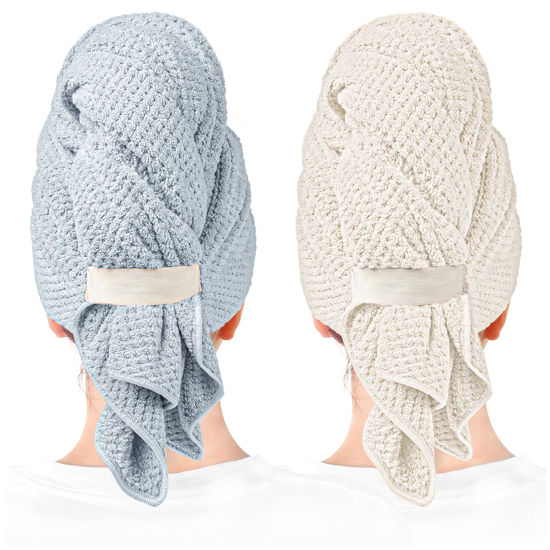 Picture of ROLSHOL 2 Packs Large Microfiber Hair Towels for Women, Super Absorbent & Quick Dry Hair Towel Wrap for Curly Hair Long & Short Hair- Anti-Frizz Hair Turbans for Wet Hair (Blue/White) - 27.5''*39.4''