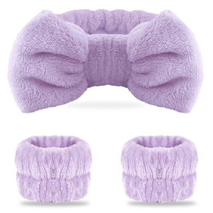 Picture of WSYUB Spa headband, Wristbands, Headband for Washing Face, 2pcs Wristlets for Sleeves Dry, Make up Headband,Purple