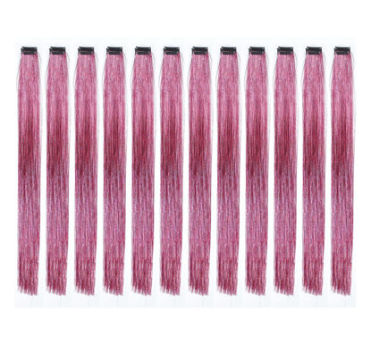 Picture of SWACC 12 Pcs Straight SWACC 12 Pcs Straight One Color Party Highlights Clip on in Hair Extensions Colored Hair Streak Synthetic Hairpieces (Sparkling Tinsel Pink)