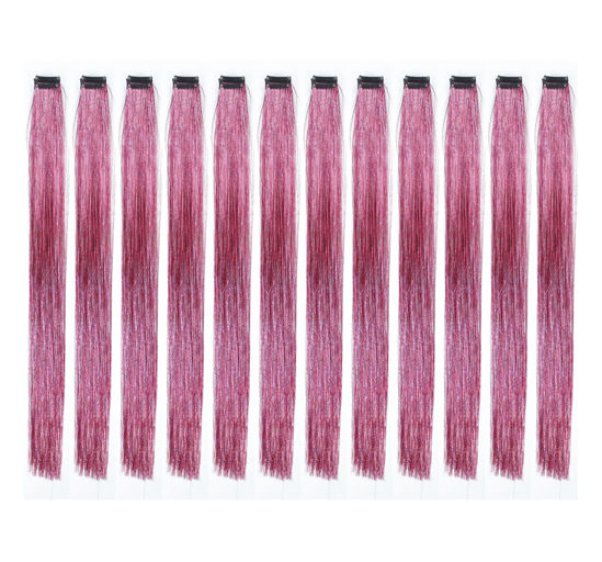 Picture of SWACC 12 Pcs Straight SWACC 12 Pcs Straight One Color Party Highlights Clip on in Hair Extensions Colored Hair Streak Synthetic Hairpieces (Sparkling Tinsel Pink)
