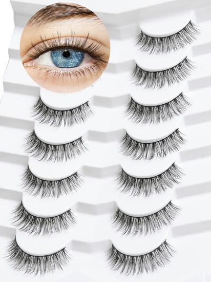 Picture of Lashes Wispy False Eyelashes Natural Look 10mm Short Lashes with Thin Band Siligli Fake Eyelashes 3D Volume Lashes Natural Short Eyelashes 7 Pair