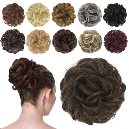 Picture of FESHFEN Messy Hair Bun Hair Pieces Elastic Wavy Curly Hair Bun Scrunchies Extensions Synthetic Chignon Hairpieces for Women Girls, Golden Brown 1 PCS
