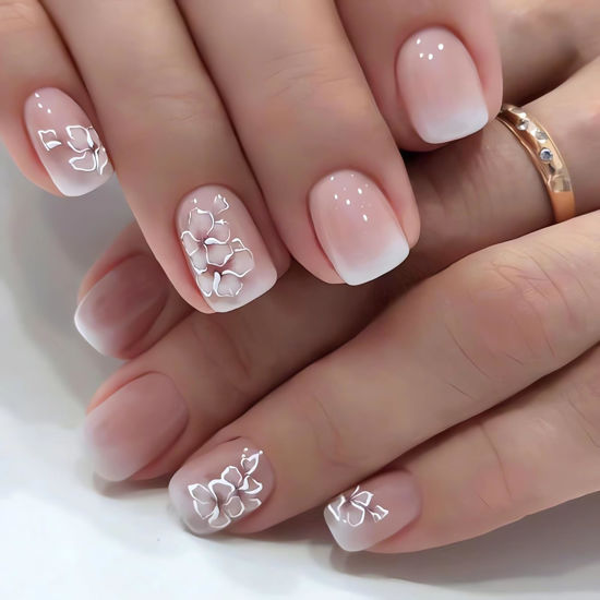 Picture of Square Press on Nails Short - LPOODDNU Flower Design Short Fake Nails Press ons, 24 Pcs Glossy Pink French Acrylic Nails Full Cover Glue on Nails Spring Summer Stick on Nails for Women