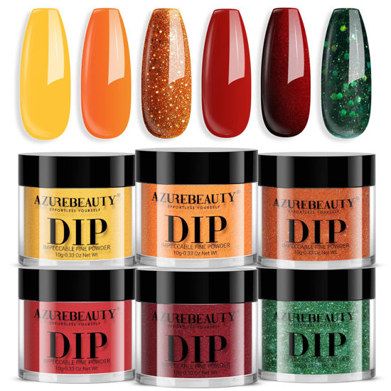 Picture of AZUREBEAUTY Dip Powder Nail Set Orange Gold Red Shimmery Green Glitter 6 Colors Dipping Powder Starter Kit French Nail Art Manicure DIY Salon, No Need Nail Lamp Cured
