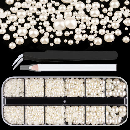 Picture of Belleboost Flat Back Pearls Kits 1 Box of Flatback Beige Half Round Pearls with Pickup Pencil And Tweezer for Home DIY And Professional Nail Art, Face Makeup And Craft