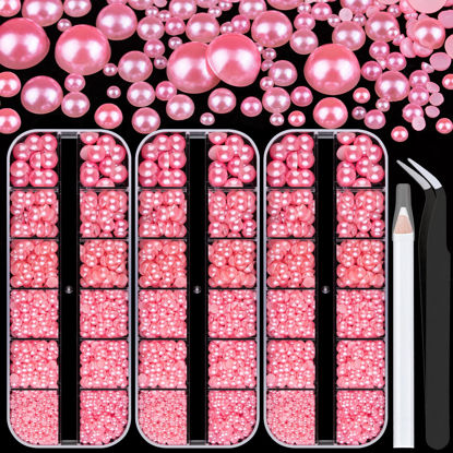 Picture of Belleboost Flat Back Pearls Kits 3 Boxes of Flatback Pink Half Round Pearls with Pickup Pencil and Tweezer for Home DIY and Professional Nail Art, Face Makeup and Craft