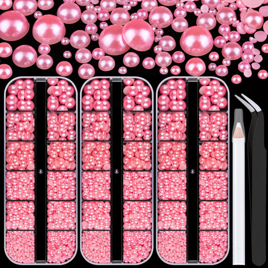 Picture of Belleboost Flat Back Pearls Kits 3 Boxes of Flatback Pink Half Round Pearls with Pickup Pencil and Tweezer for Home DIY and Professional Nail Art, Face Makeup and Craft