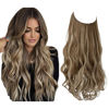 Picture of SARLA Invisible Wire Hair Extensions with 3 Clips Short Synthetic Wavy Curly Hairpiece Adjustable Transparent Headband for Women 12 Inch Ash Medium Brown/Ash Blonde Highlights