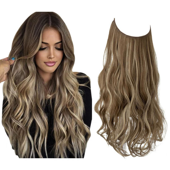 Picture of SARLA Invisible Wire Hair Extensions with 3 Clips Short Synthetic Wavy Curly Hairpiece Adjustable Transparent Headband for Women 12 Inch Ash Medium Brown/Ash Blonde Highlights