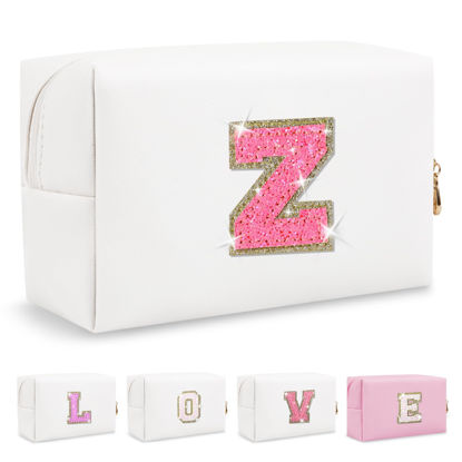 Picture of Small Personalized Initial A-Z Patch Makeup Bag,White Cute PU Leather Glitter Letter Cosmetic Bag for Teen Girls,Travel Toiletry Bag with Zipper,Preppy Monogrammed Birthday Gift for Daughter Niece Z